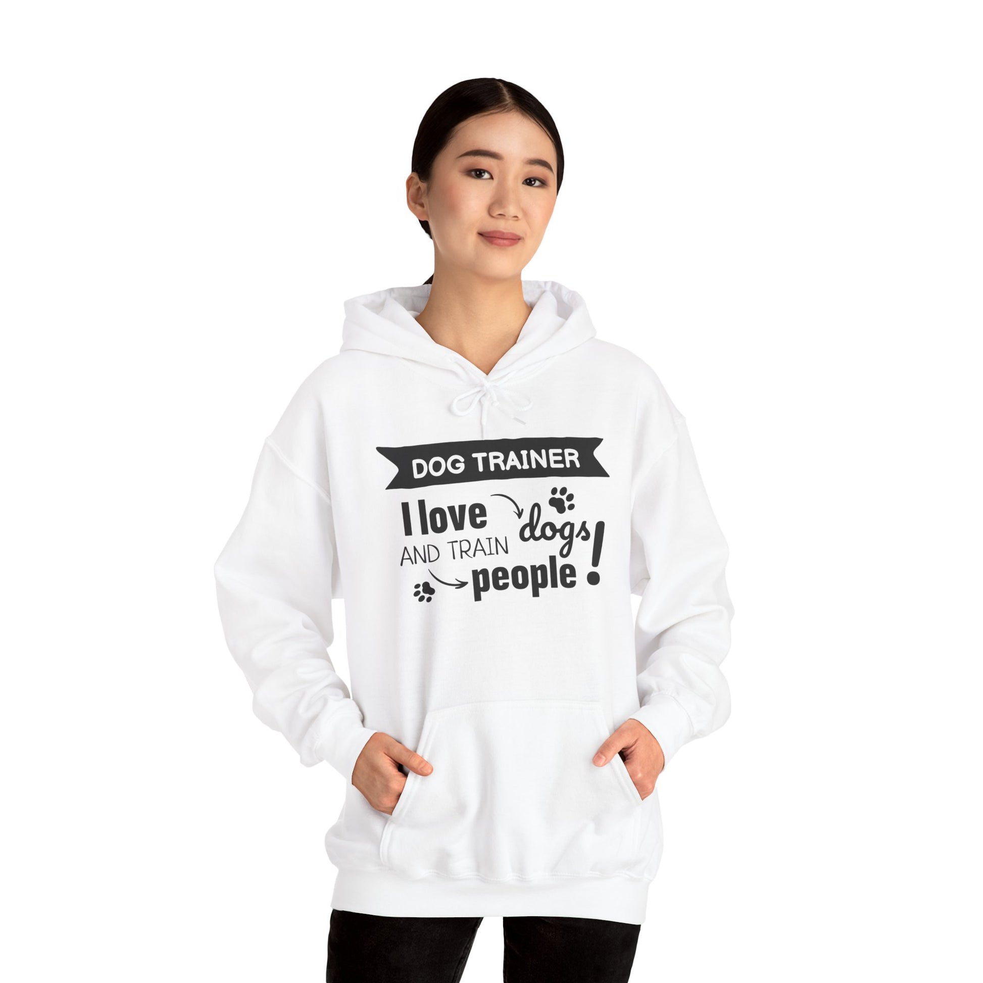 Person wearing a white hoodie with text design on a white background