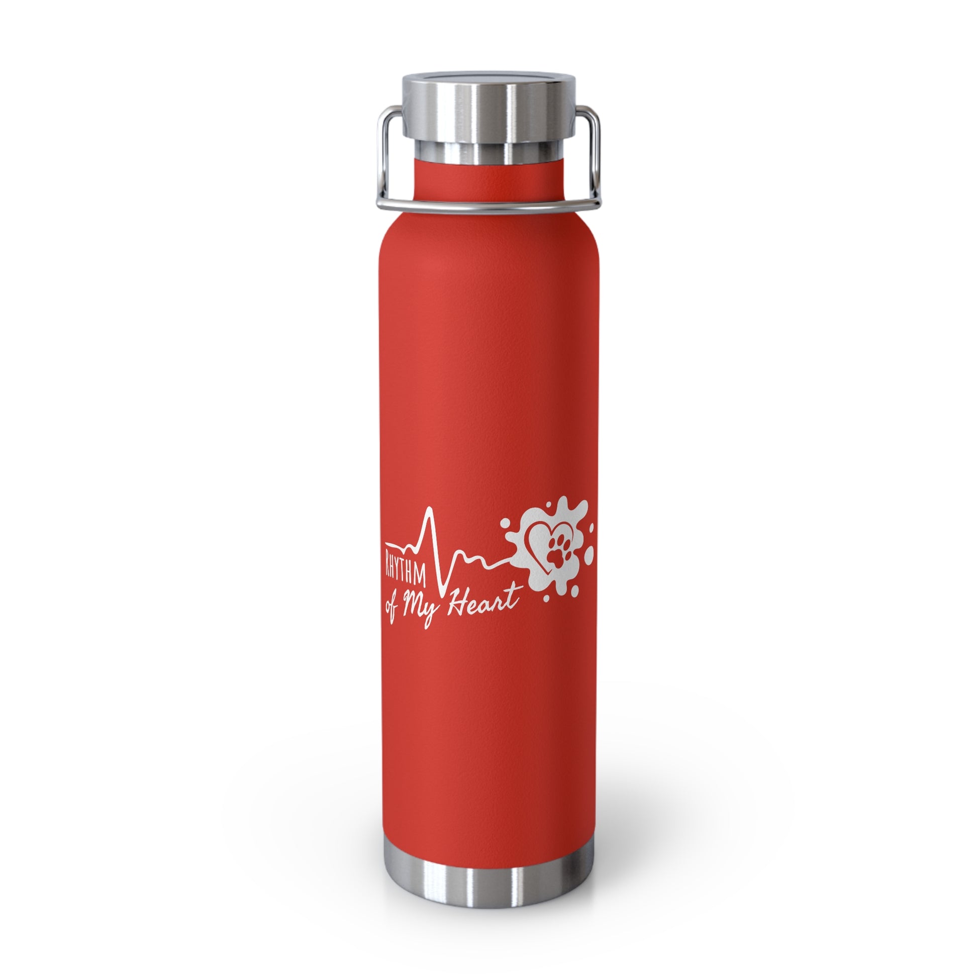 Red water bottle with a logo and text on a white background