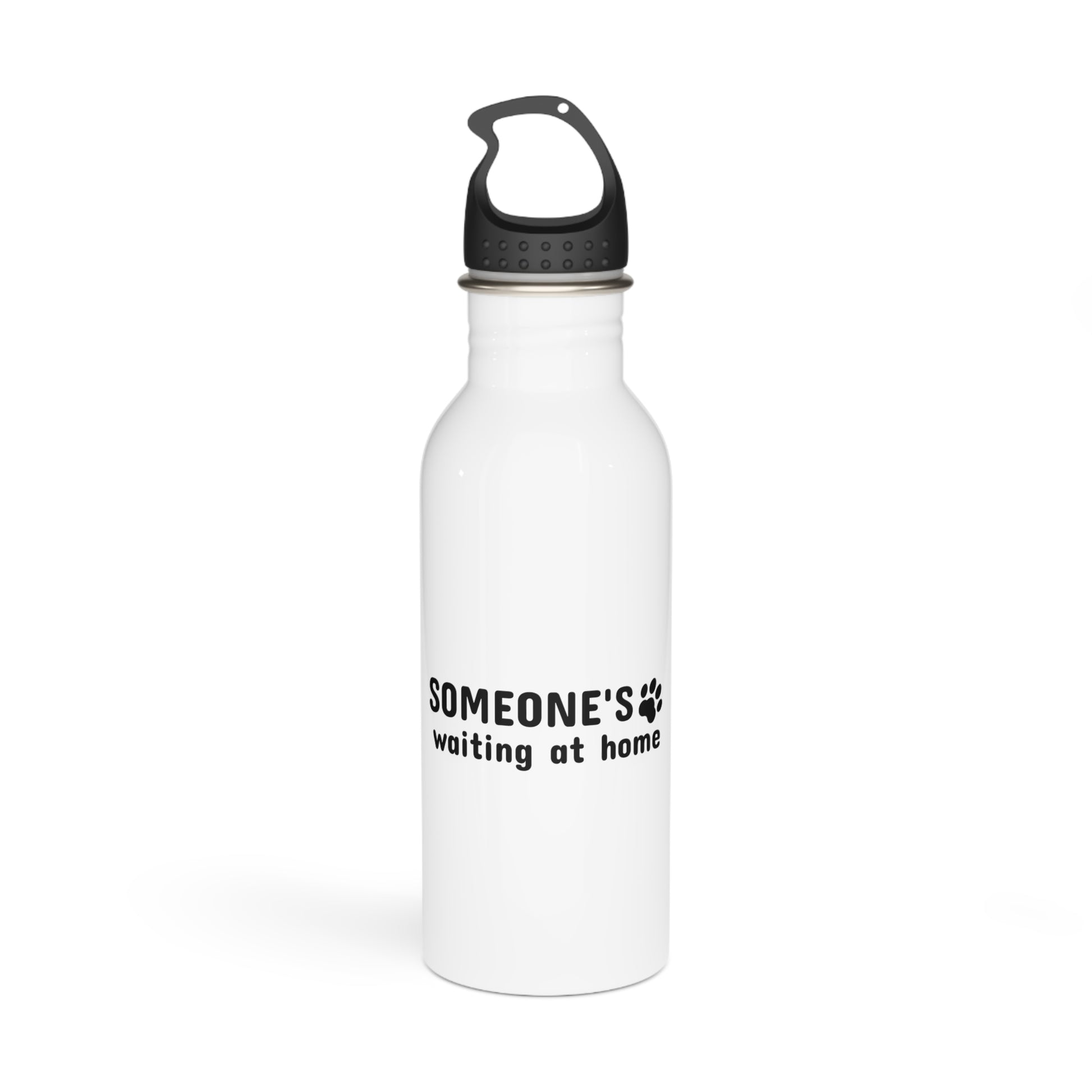 White water bottle with black text and lid on a white background