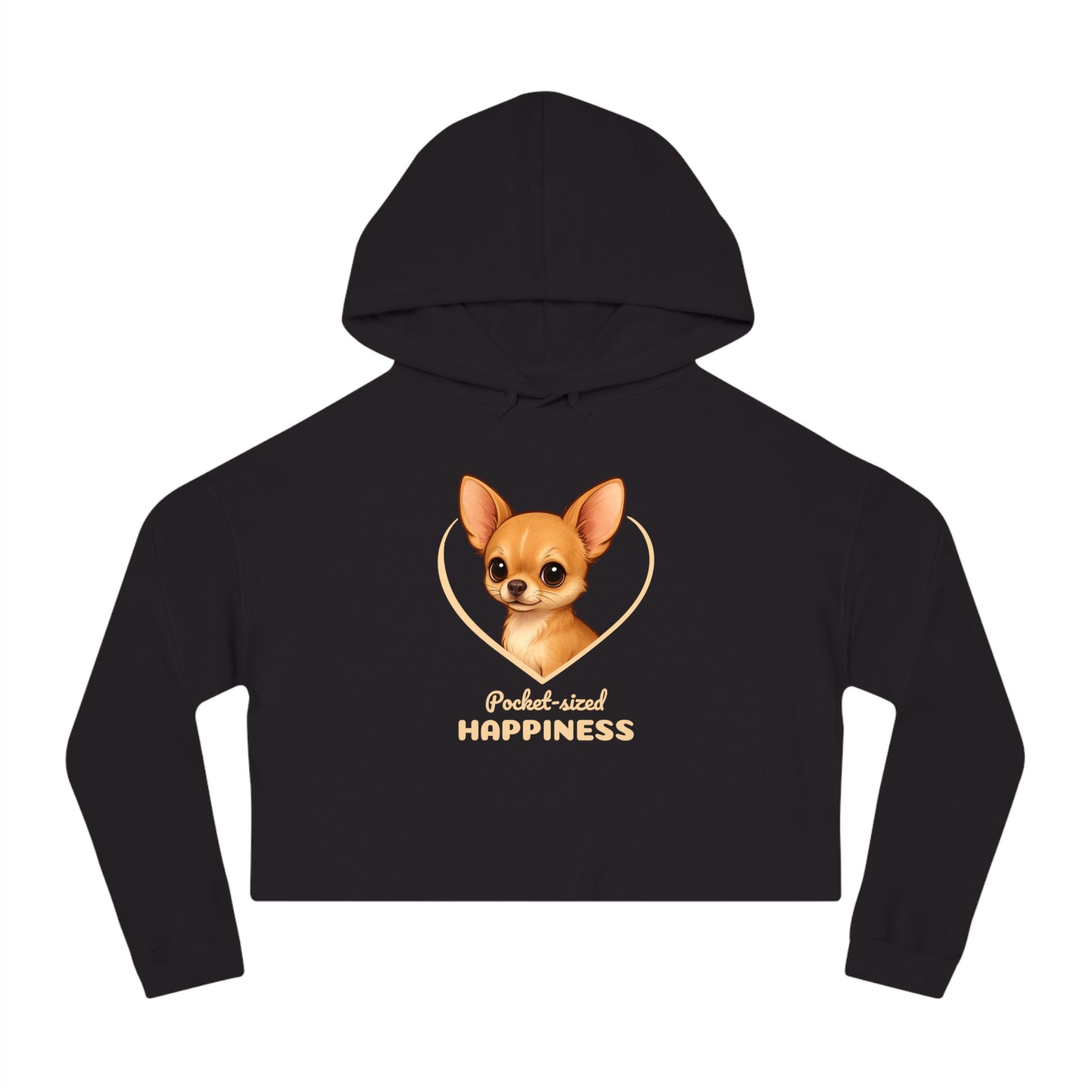 Black hoodie with a chihuahua graphic and text on a white background