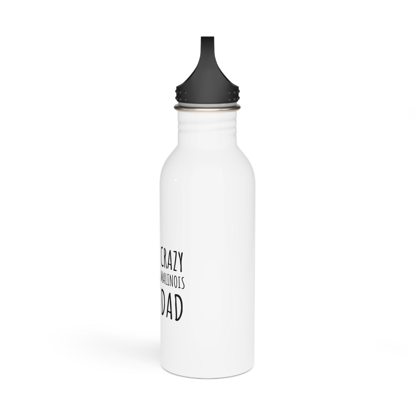 White water bottle with black cap and text on a white background