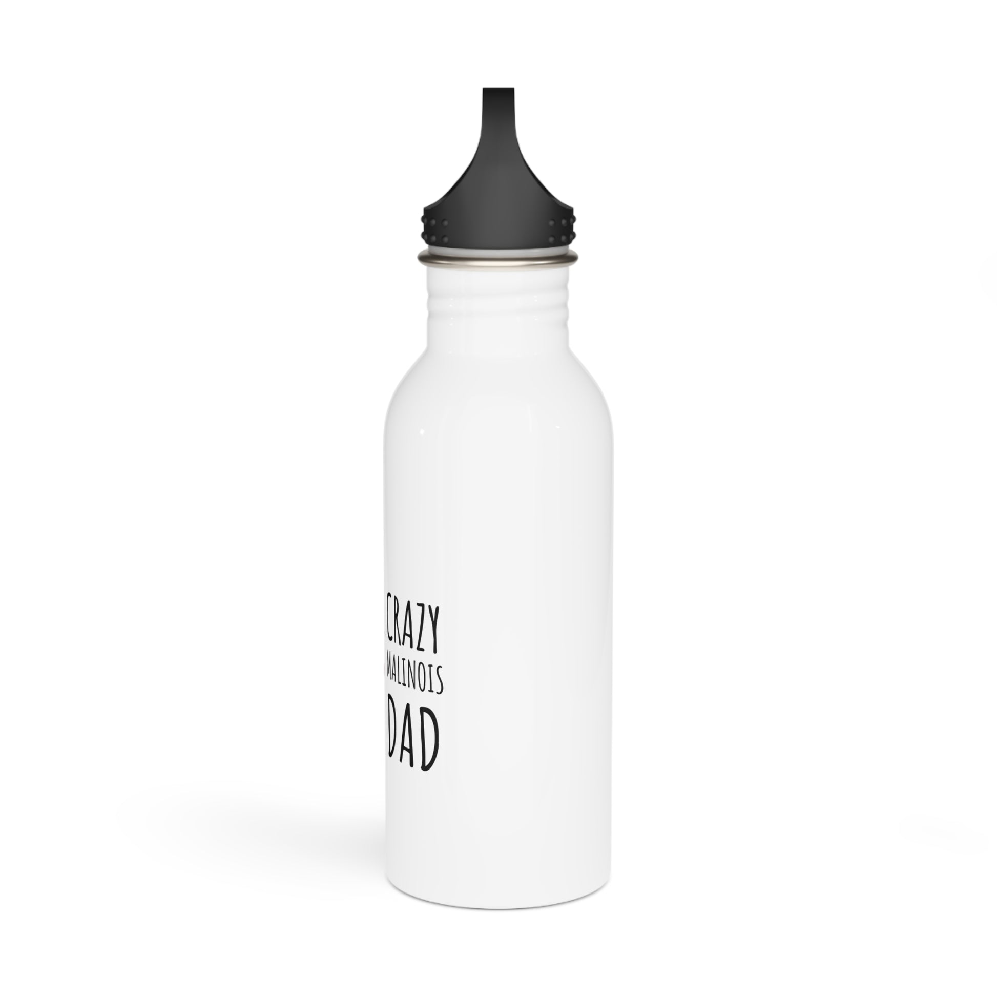 White water bottle with black cap and text on a white background