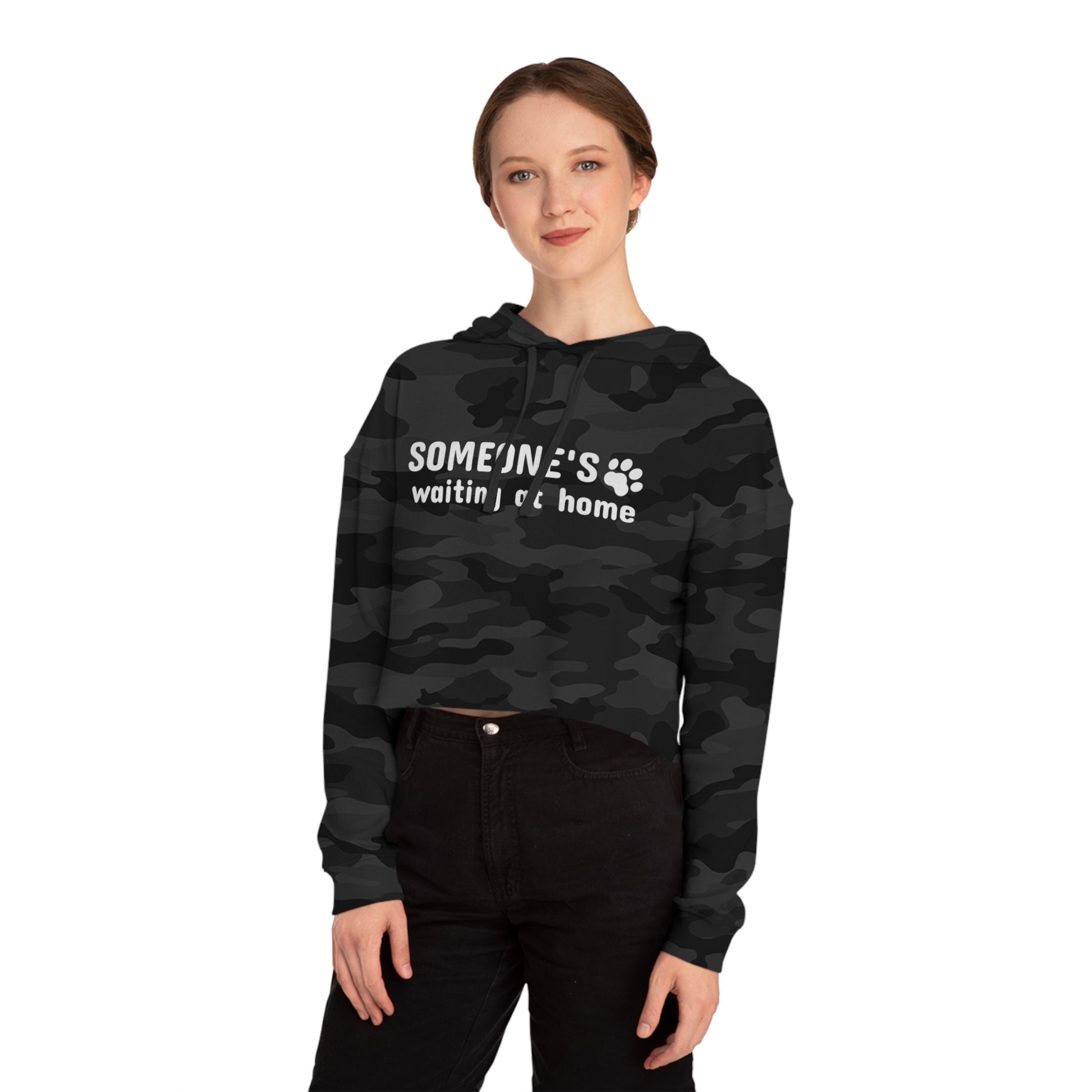 Black camouflage hoodie with text worn by a model on a white background