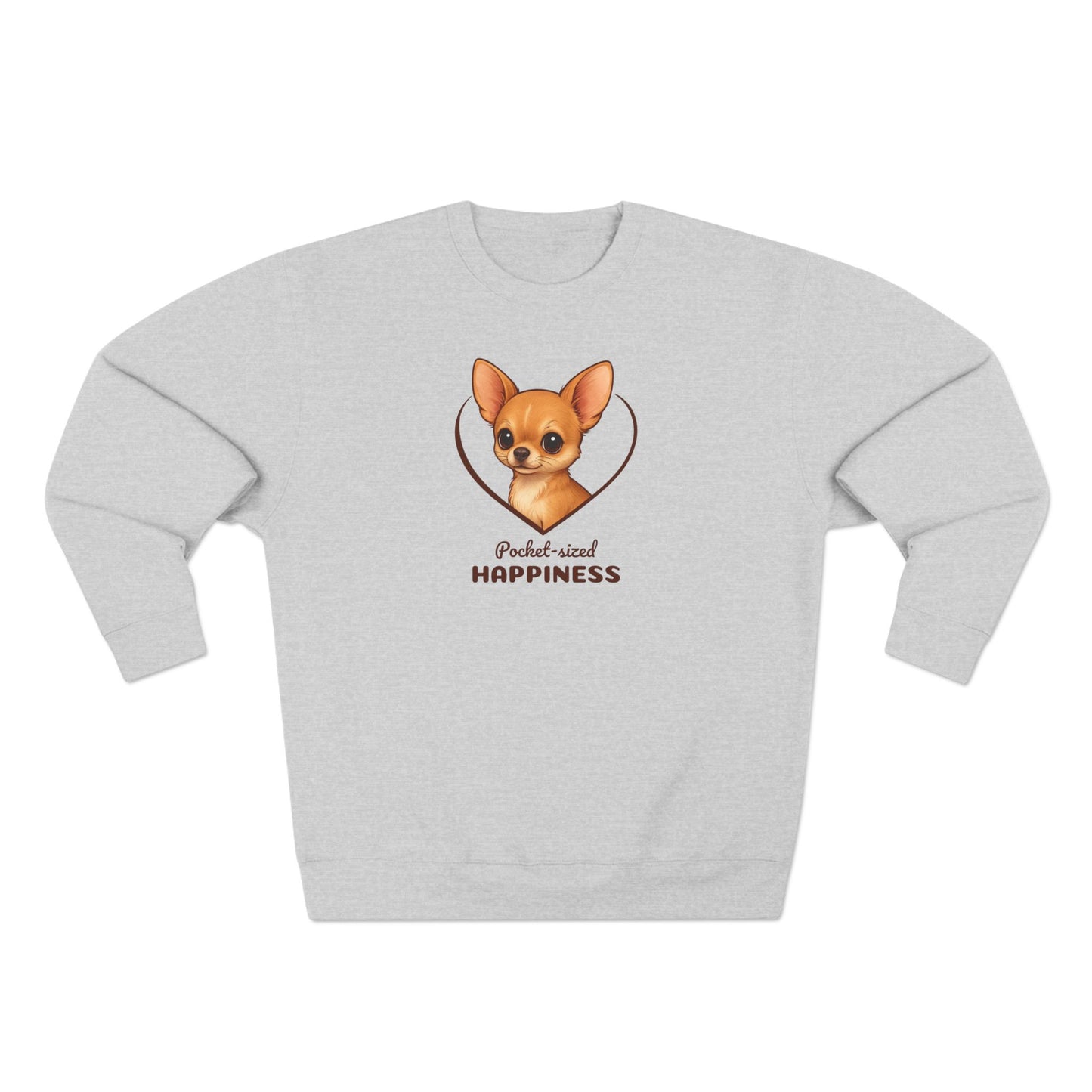 Gray sweatshirt with a dog graphic and text on a white background