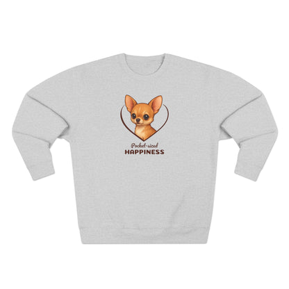 Gray sweatshirt with a dog graphic and text on a white background