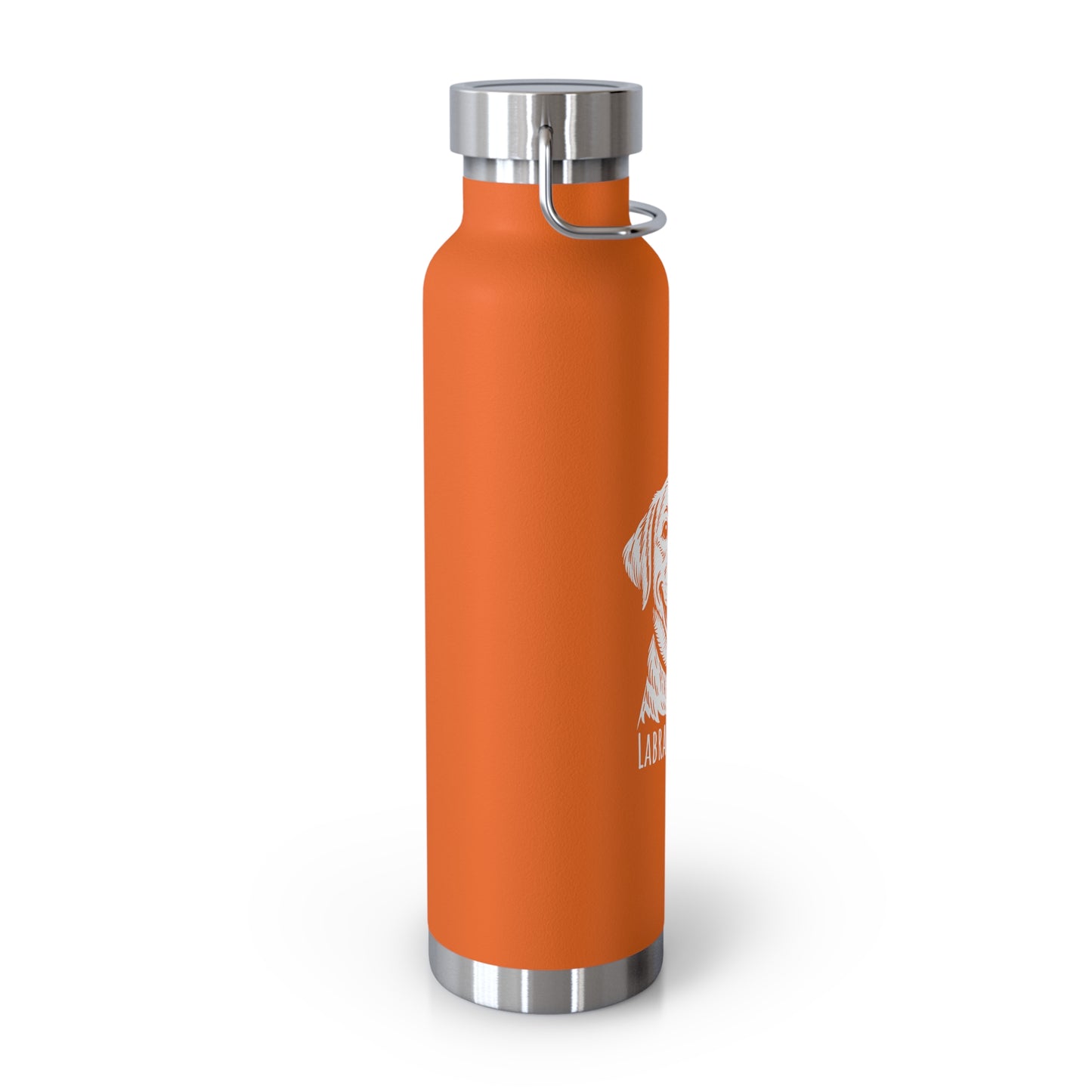 Orange water bottle with silver cap and logo on a white background