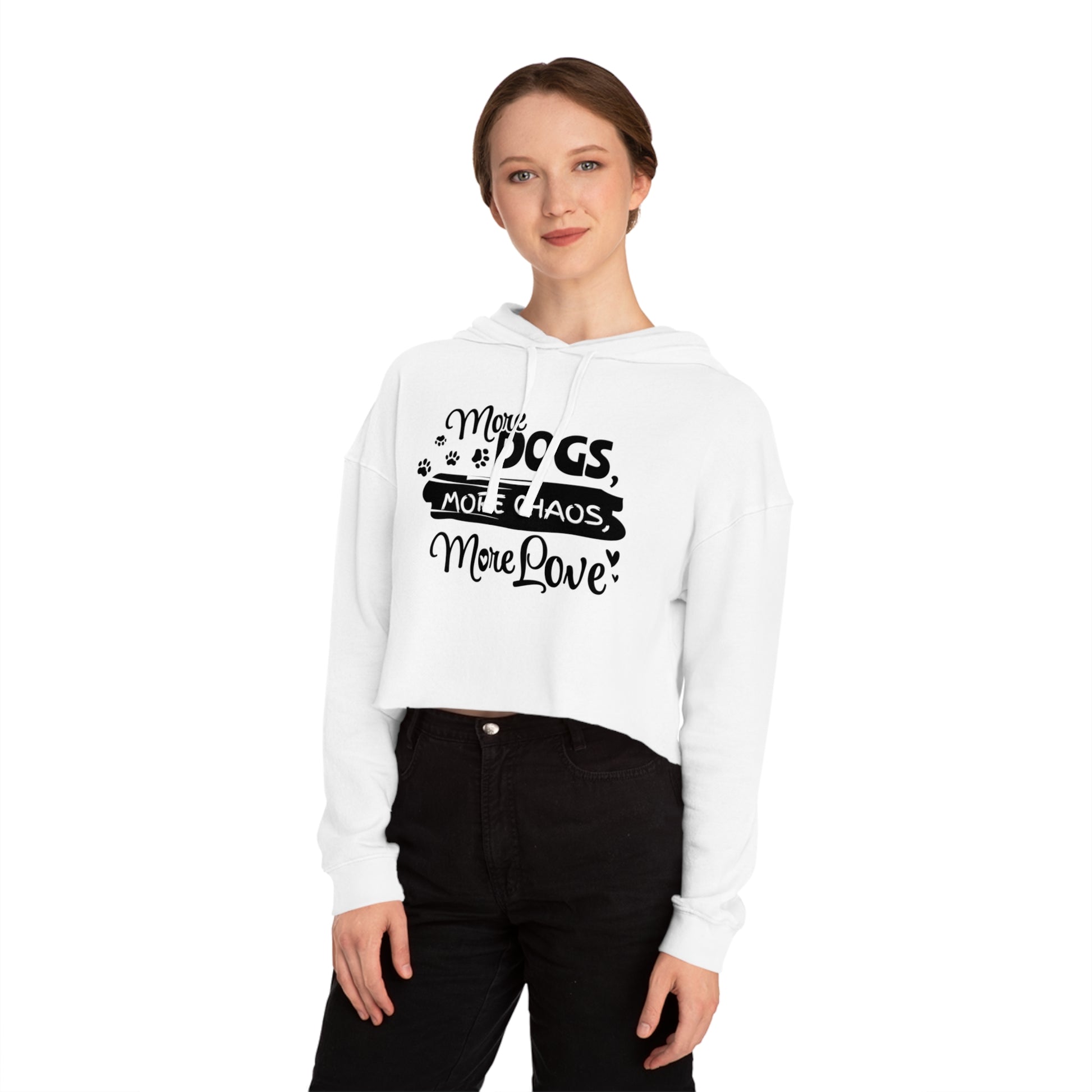 White hoodie with text design worn by a person on a white background