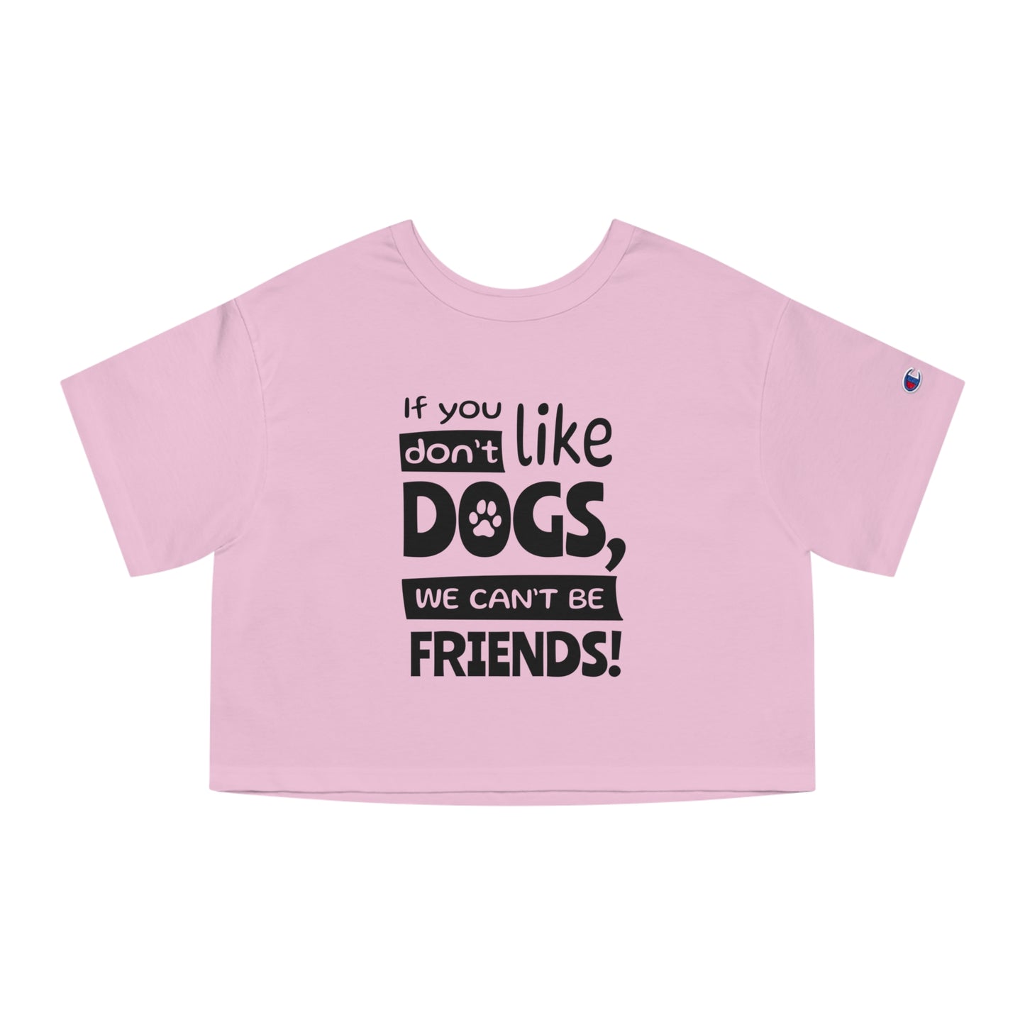 Pink crop top with black text on a white background