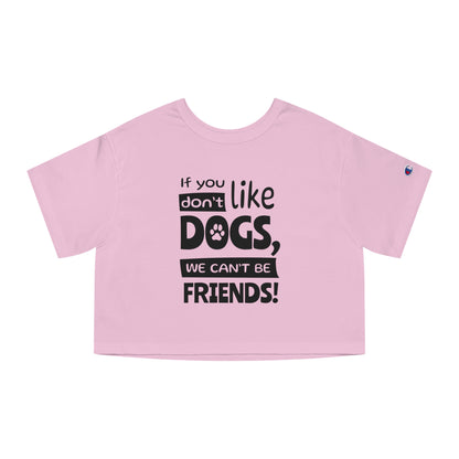 Pink crop top with black text on a white background