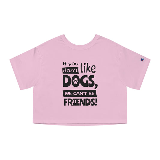 Pink crop top with black text on a white background