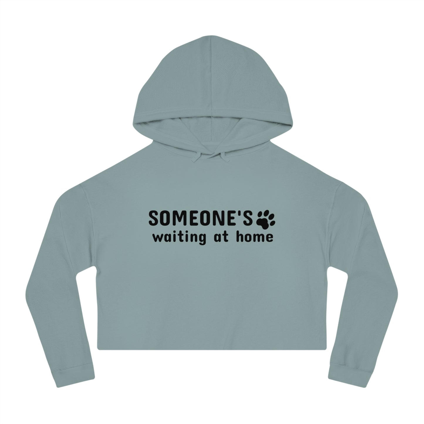 Light blue hoodie with text 'SOMEONE'S waiting at home' on a white background