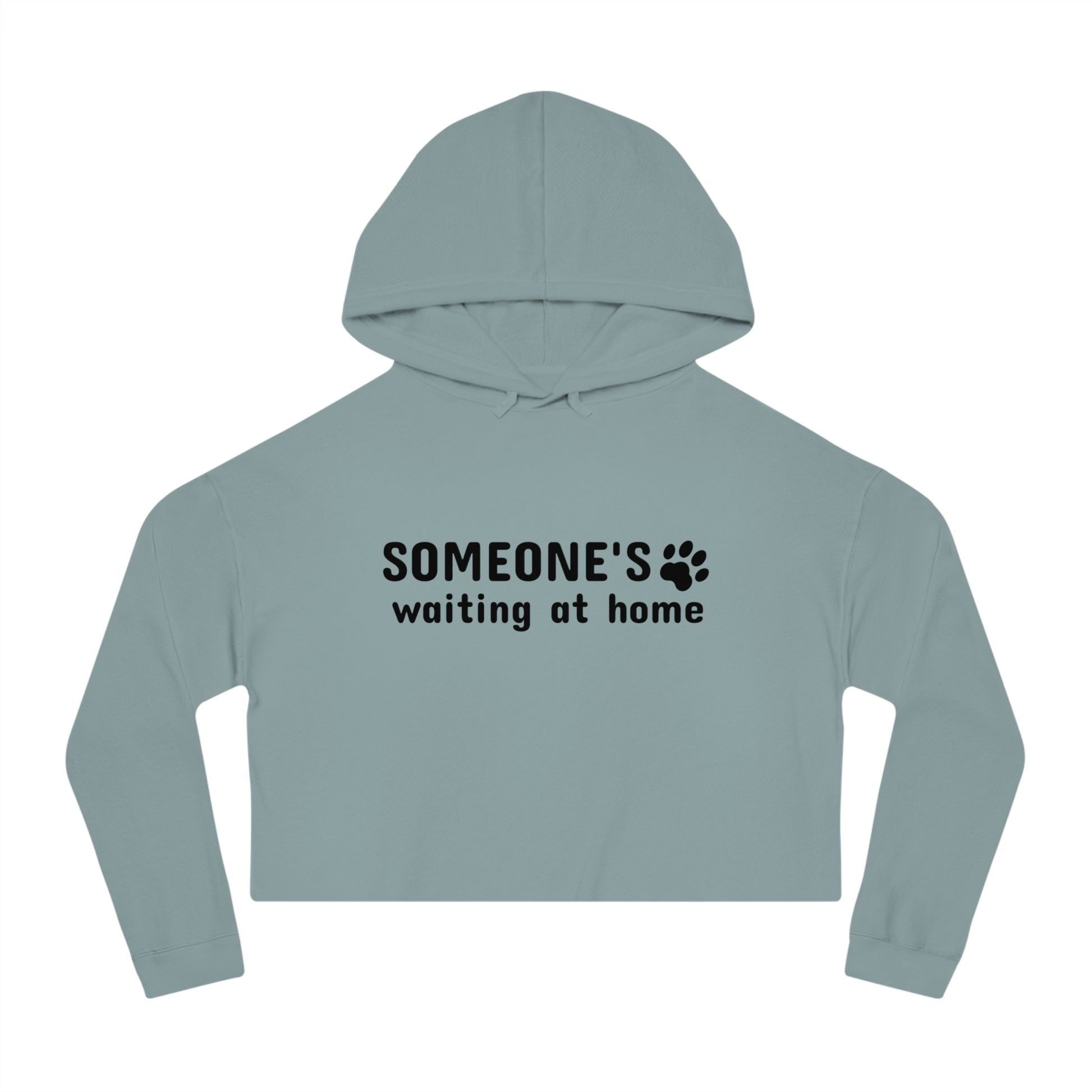 Light blue hoodie with text 'SOMEONE'S waiting at home' on a white background