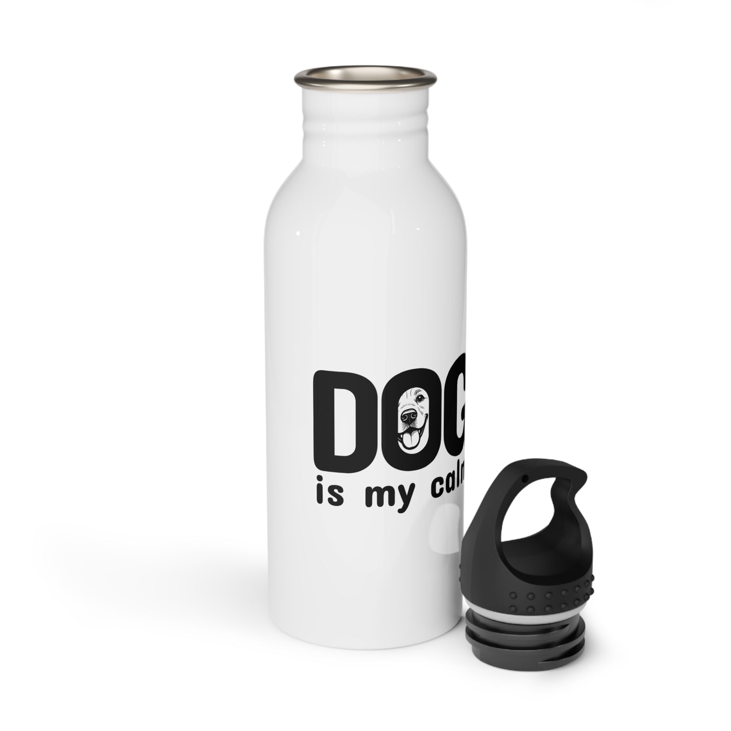 White water bottle with 'Dog is my cat' text and black cap on a white background
