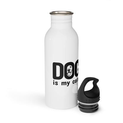 White water bottle with 'Dog is my cat' text and black cap on a white background