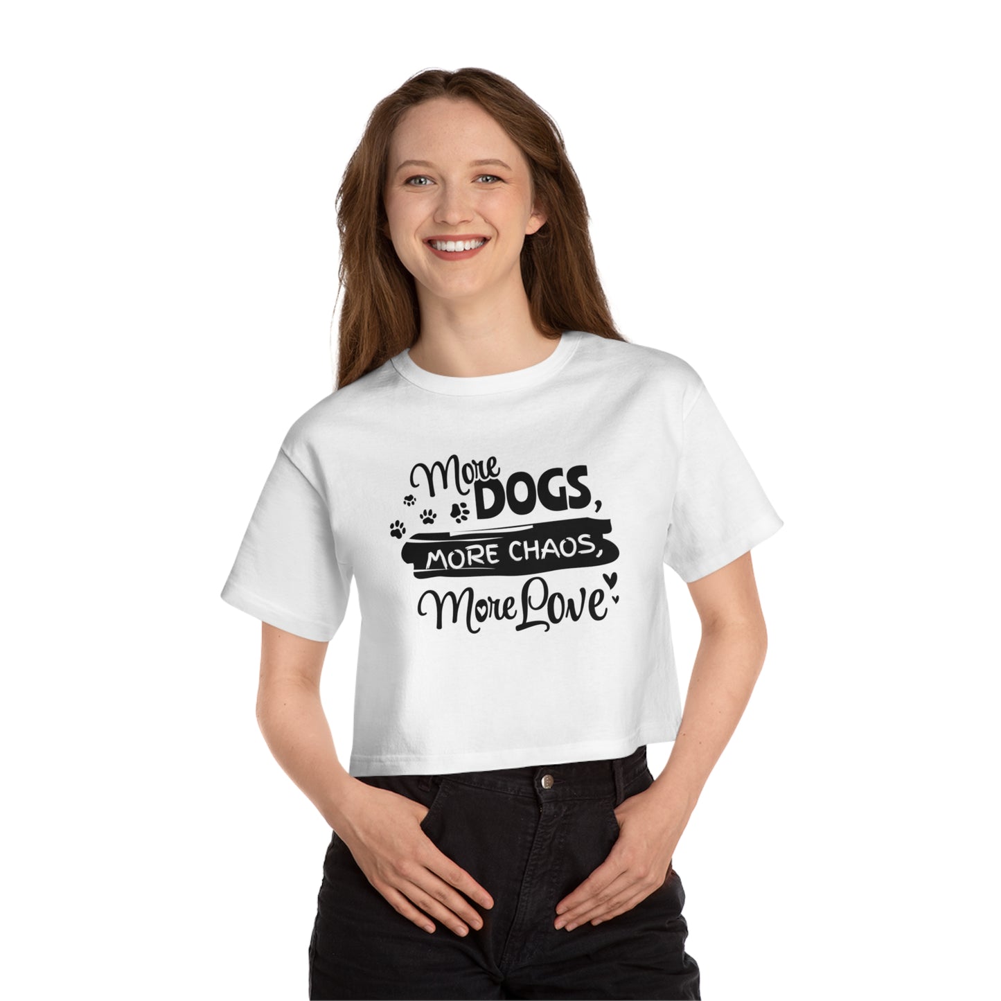 Woman wearing a white t-shirt with text and paw prints on a white background