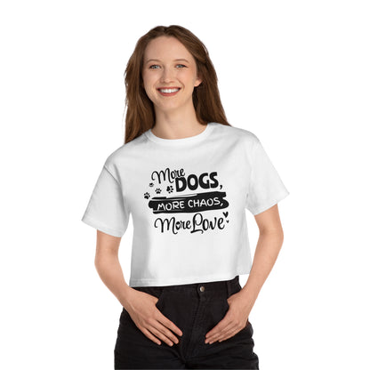 Woman wearing a white t-shirt with text and paw prints on a white background