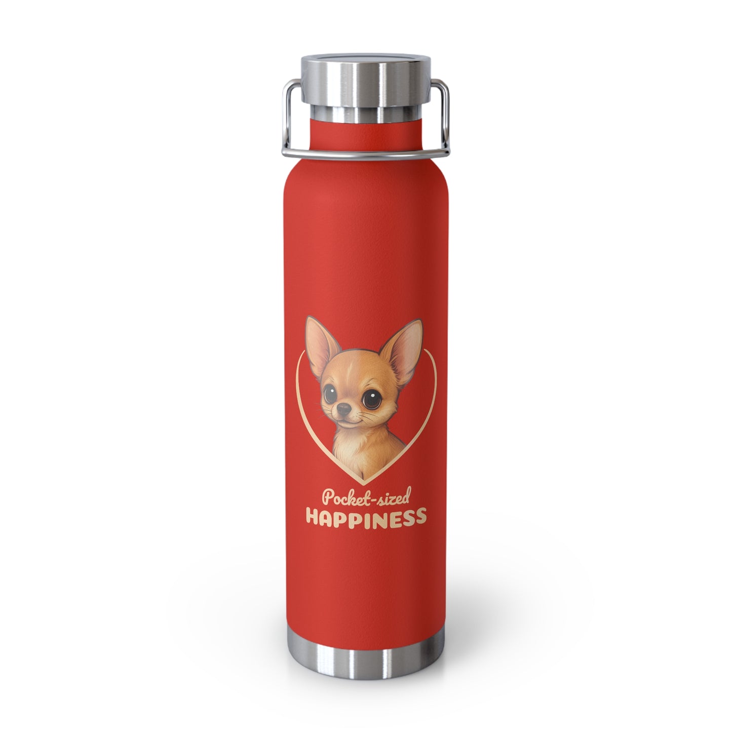 Red water bottle with a dog illustration and 'Pocket-sized Happiness' text on a white background