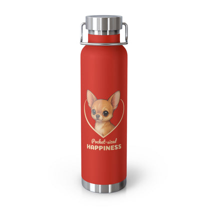 Red water bottle with a dog illustration and 'Pocket-sized Happiness' text on a white background