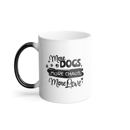 White mug with black text and paw prints on a white background