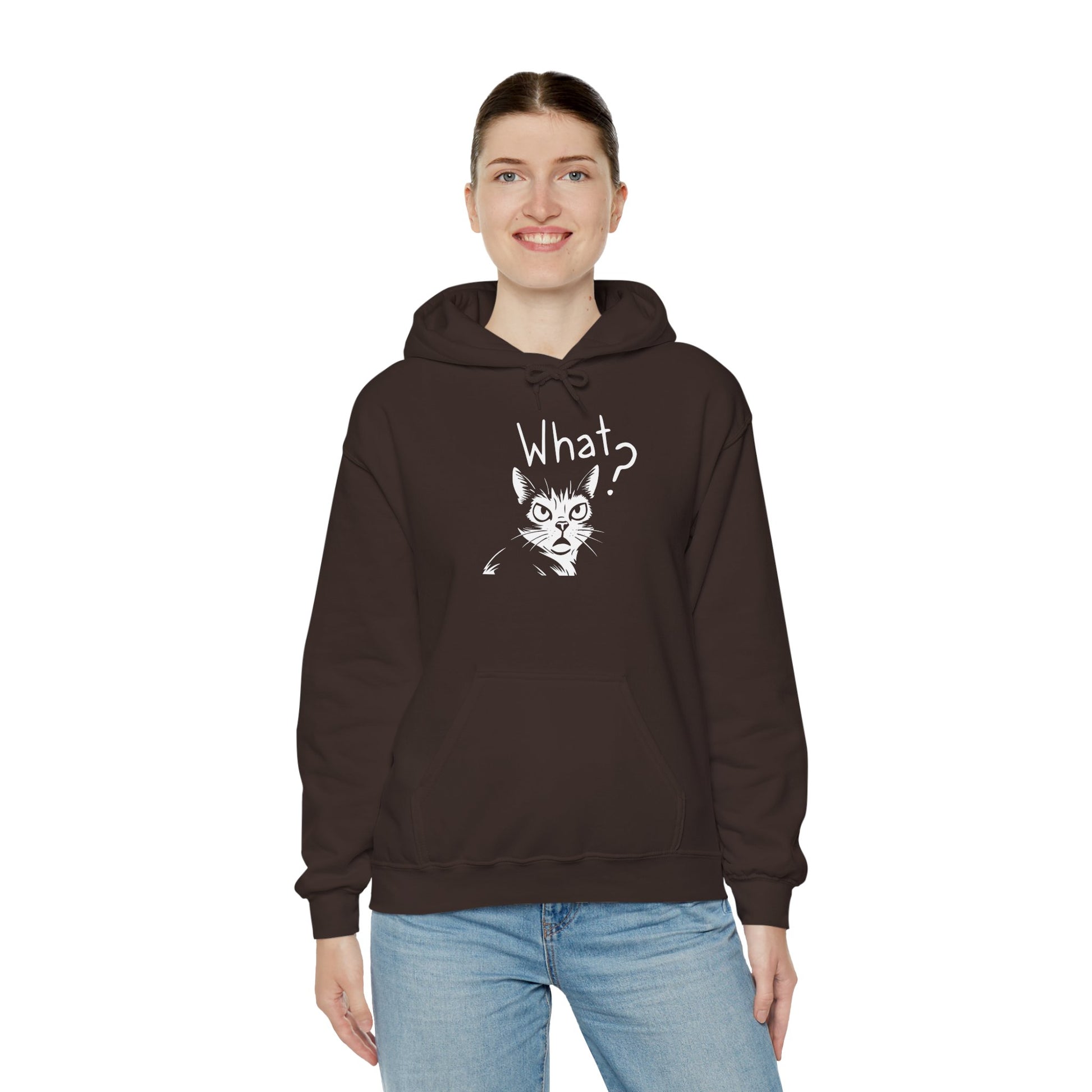 Person wearing a brown hoodie with a cat graphic and 'What?' text on a white background