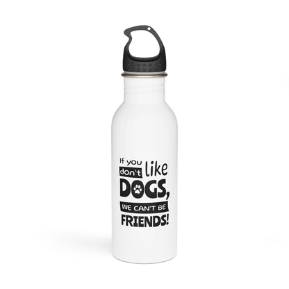 White water bottle with black text on a white background