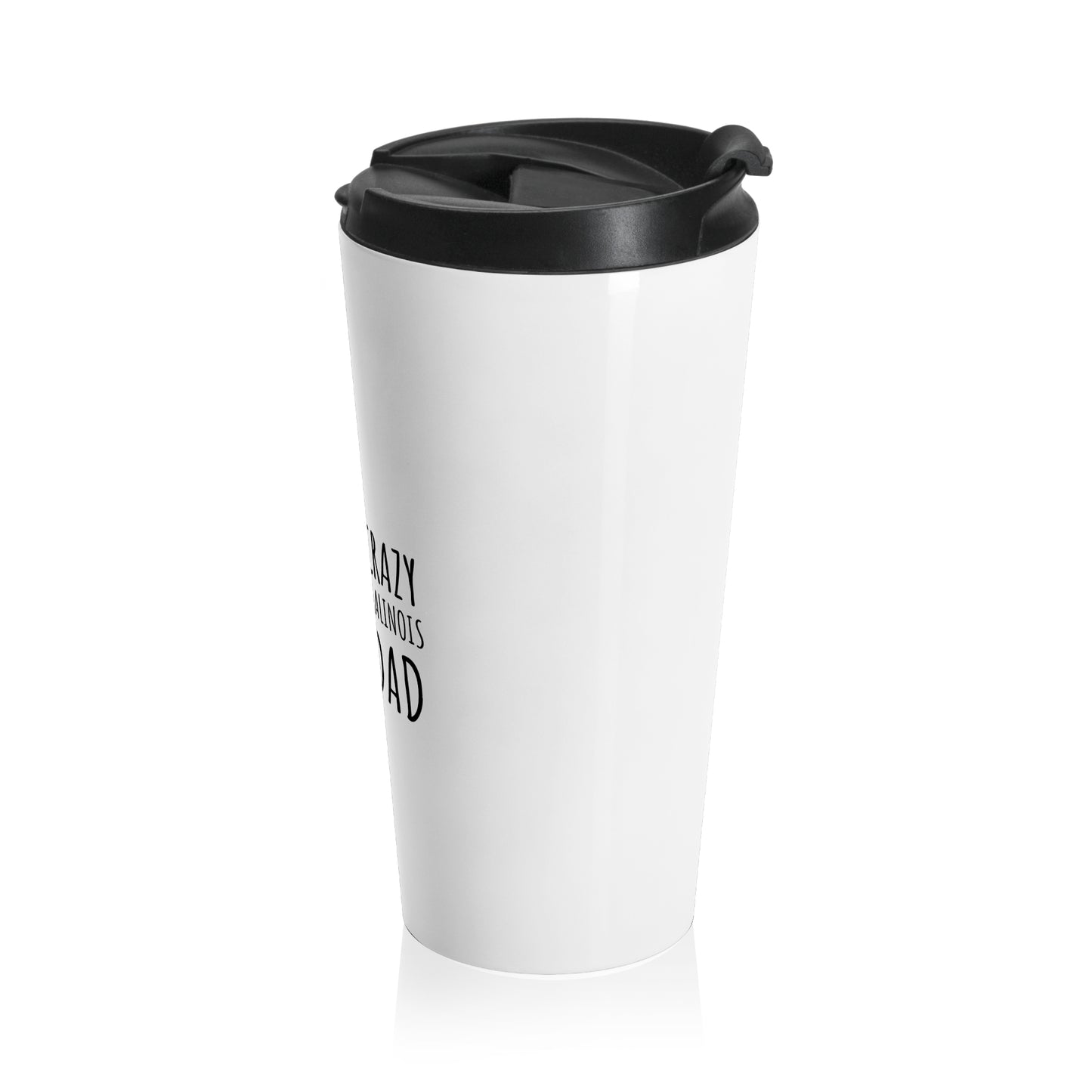 White travel mug with black lid on a white background