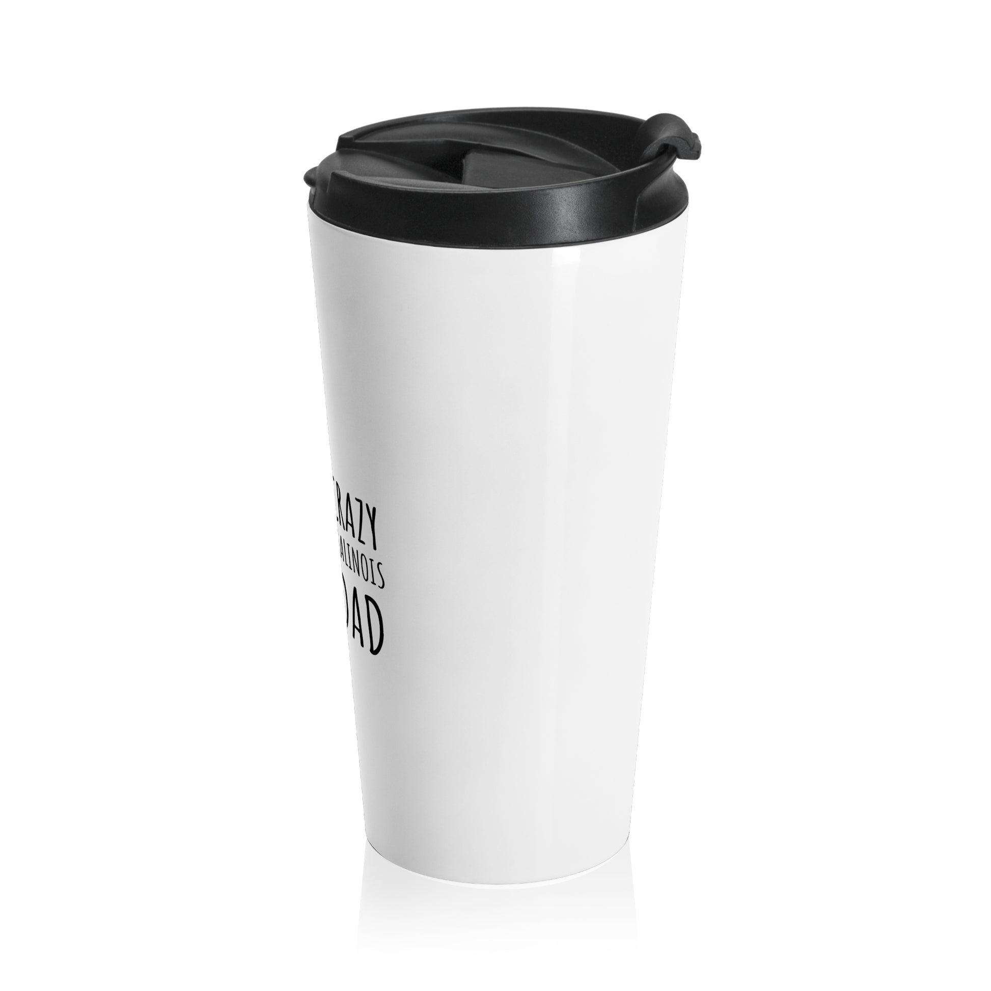 White travel mug with black lid on a white background