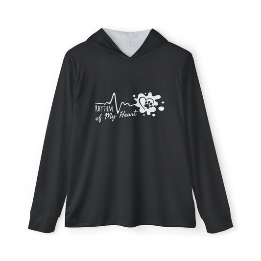 Black hoodie with 'Rhythm of My Heart' design on a white background
