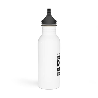 White water bottle with black text and lid on a white background