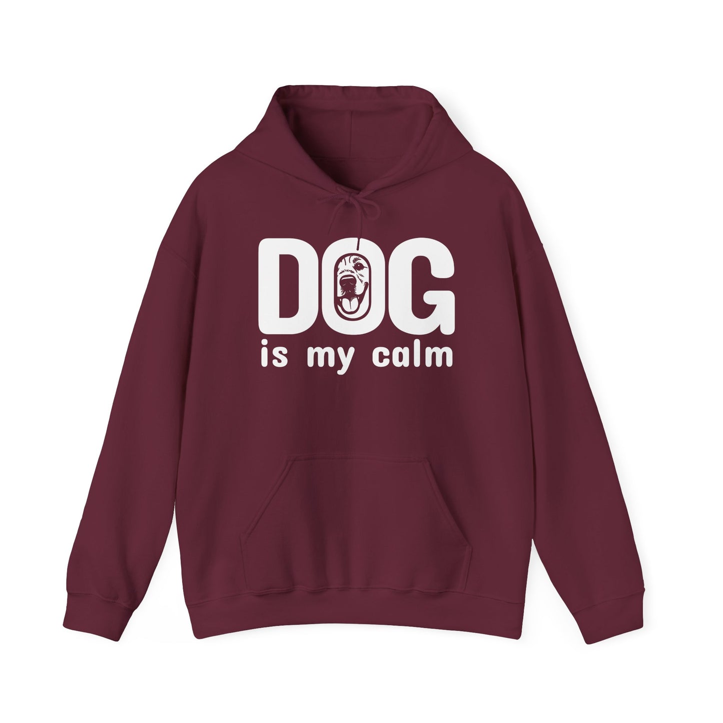 Maroon hoodie with 'DOG is my calm' text on a white background