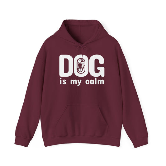 Maroon hoodie with 'DOG is my calm' text on a white background