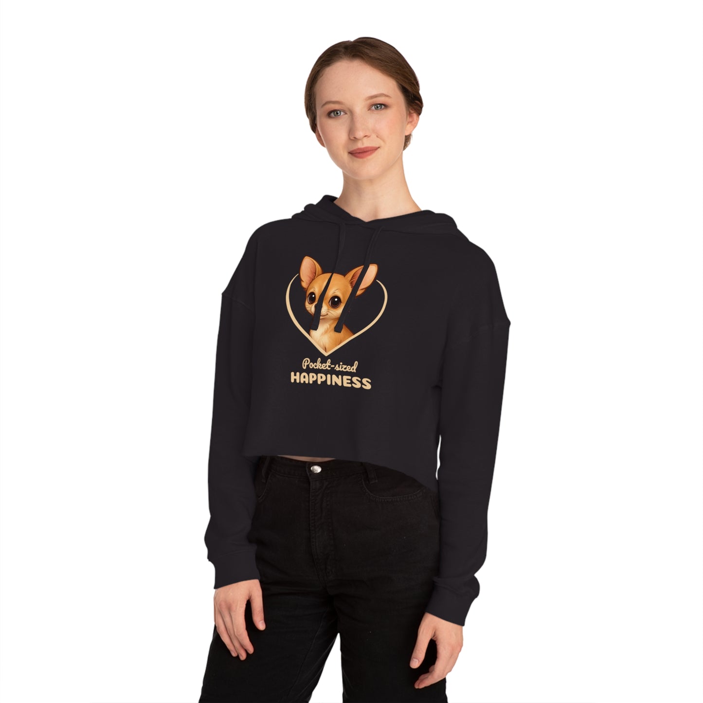 Person wearing a black hoodie with a dog graphic and text on a white background