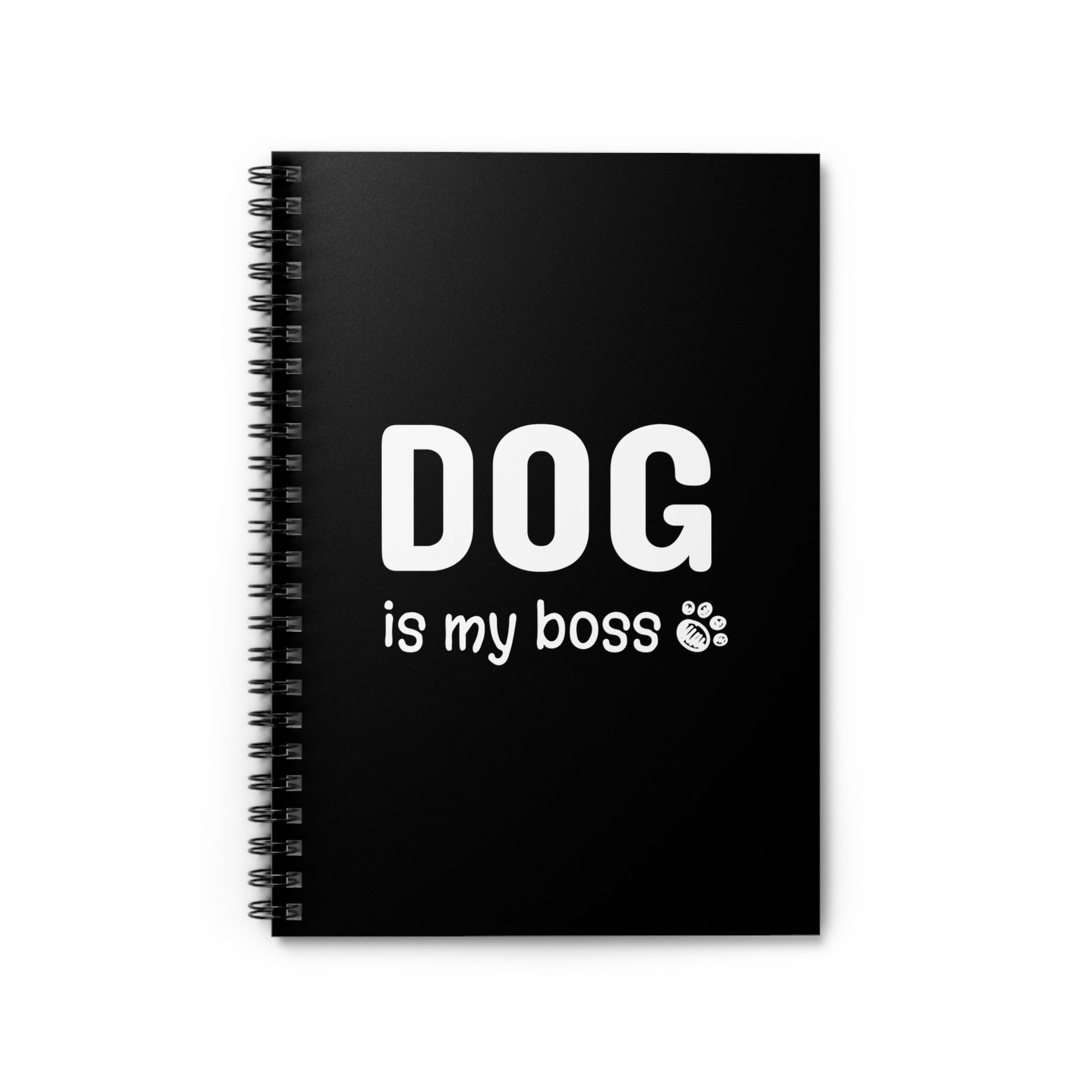 Black notebook with 'DOG is my boss' text on a white background