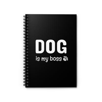 Black notebook with 'DOG is my boss' text on a white background