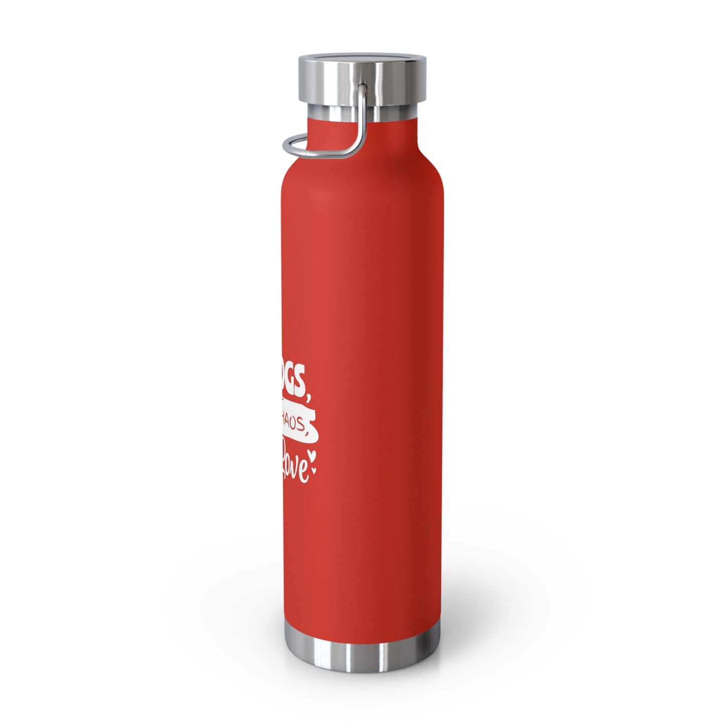 Red water bottle with silver cap on a white background