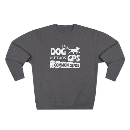 Gray sweatshirt with white text and dog graphic on a white background