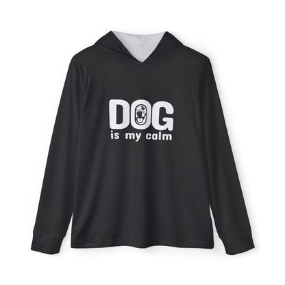 Black hoodie with 'DOG is my calm' text on a white background