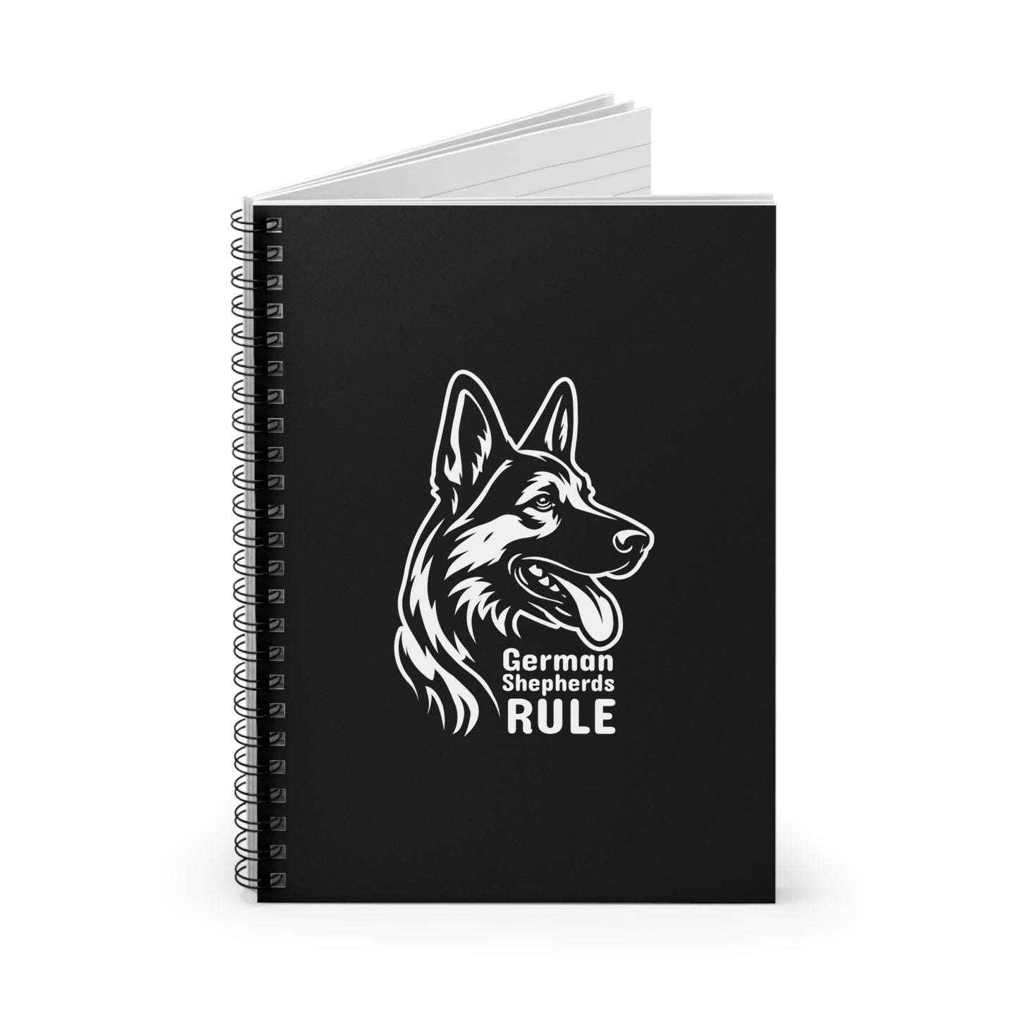 Black notebook with a German Shepherd design and 'German Shepherds Rule' text on a white background
