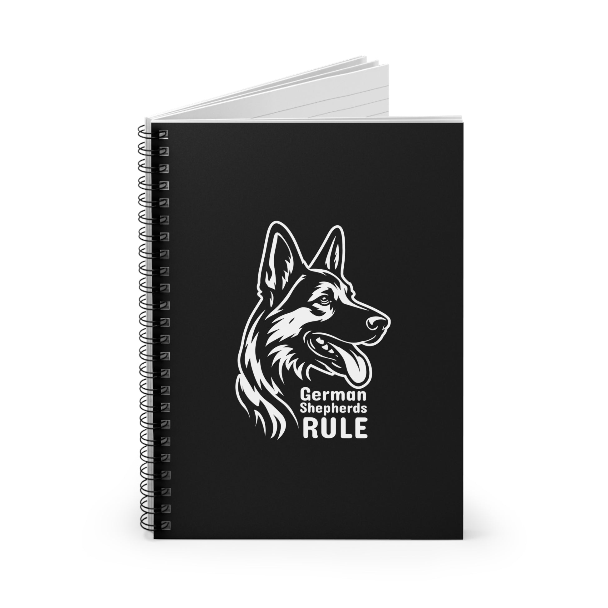 Black notebook with a German Shepherd design and 'German Shepherds Rule' text on a white background