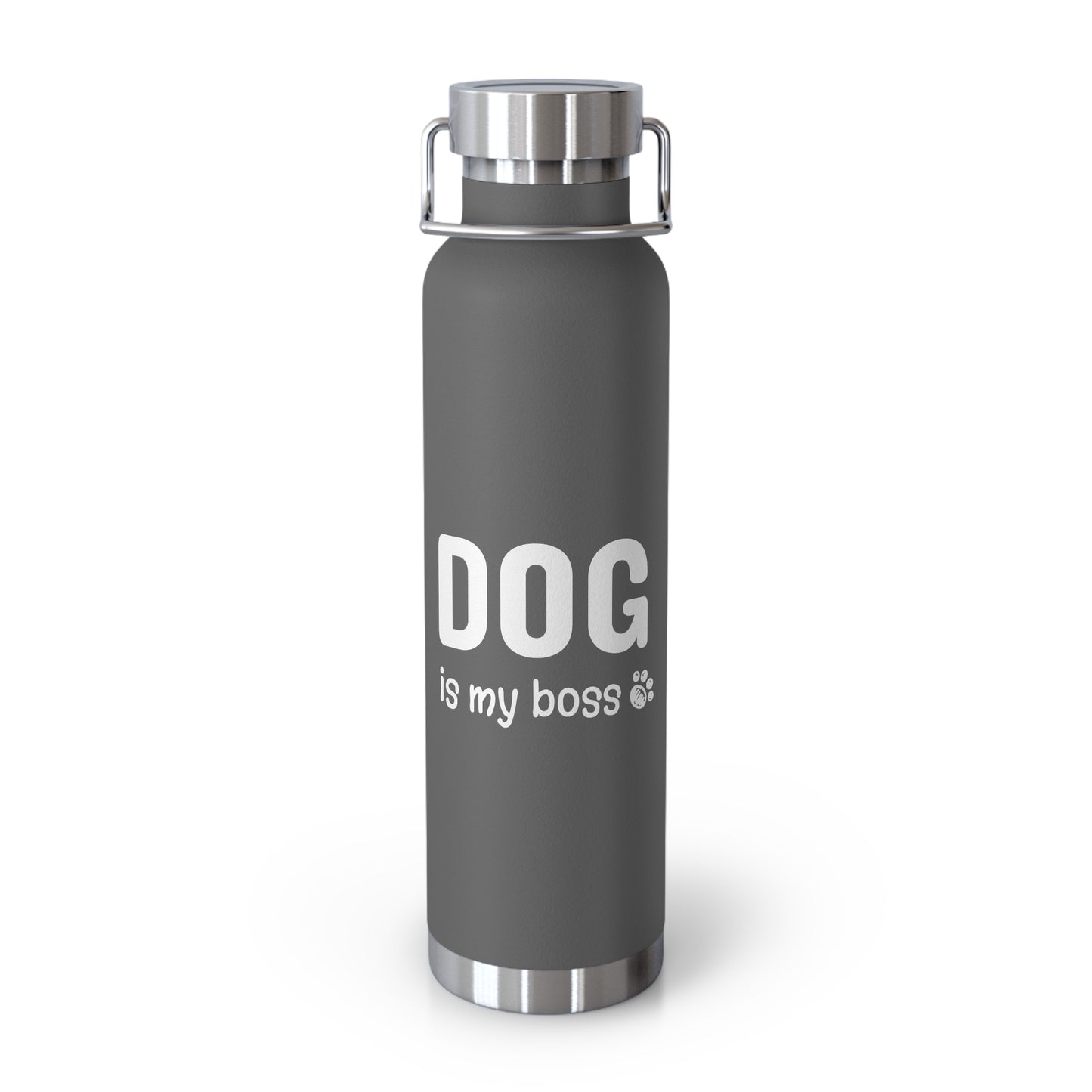 Gray water bottle with 'DOG is my boss' text on a white background
