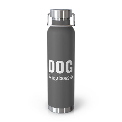Gray water bottle with 'DOG is my boss' text on a white background