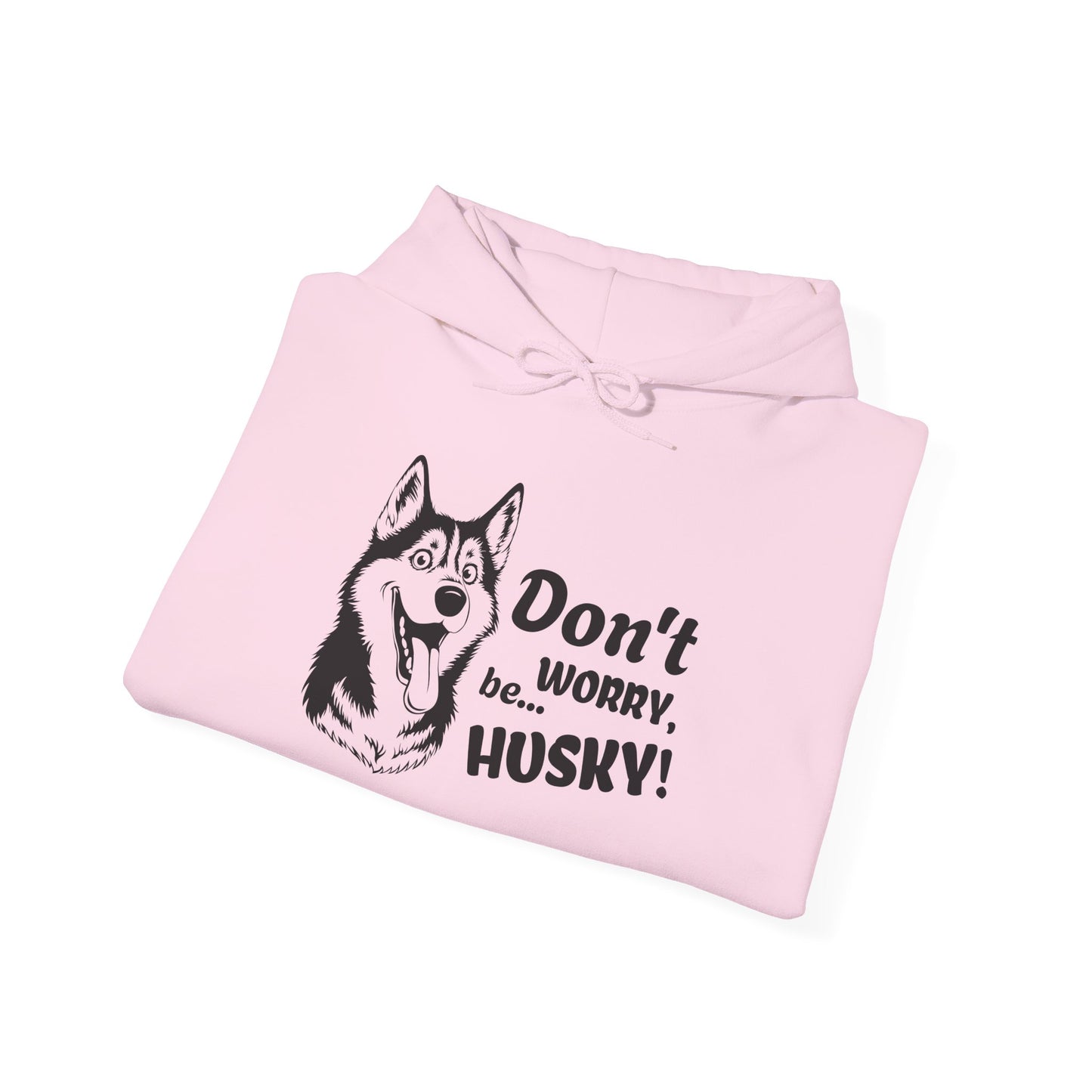 Pink hoodie with husky graphic and text on a white background