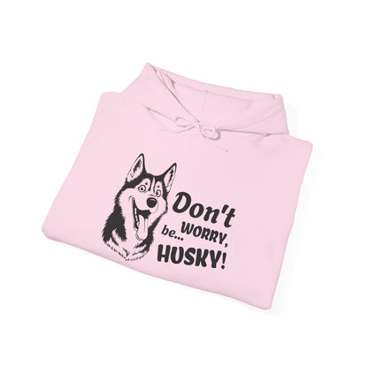 Pink hoodie with husky graphic and text on a white background