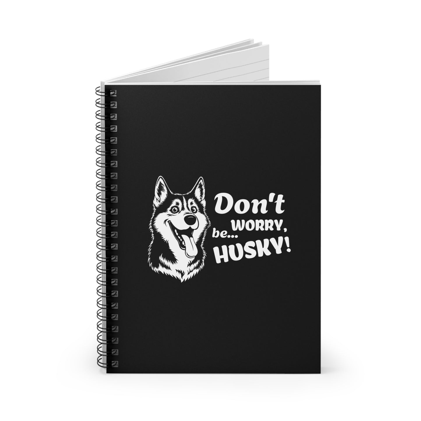 Black notebook with a husky illustration and text on a white background