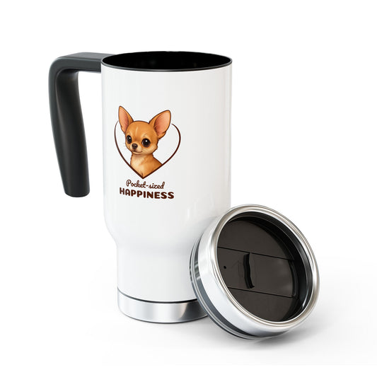 White travel mug with a chihuahua illustration and text on a white background