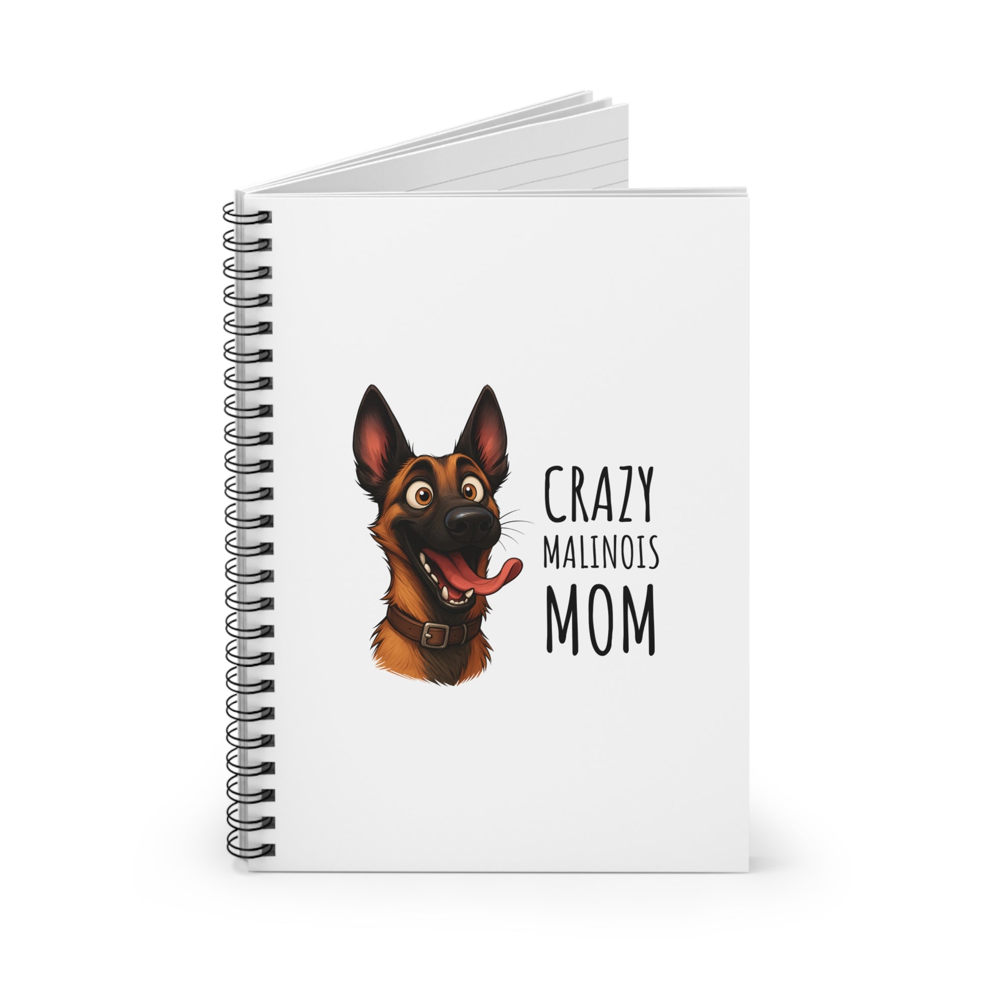 Notebook with a Malinois dog illustration and text on a white background