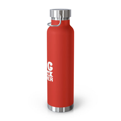 Red water bottle with silver cap and logo on a white background