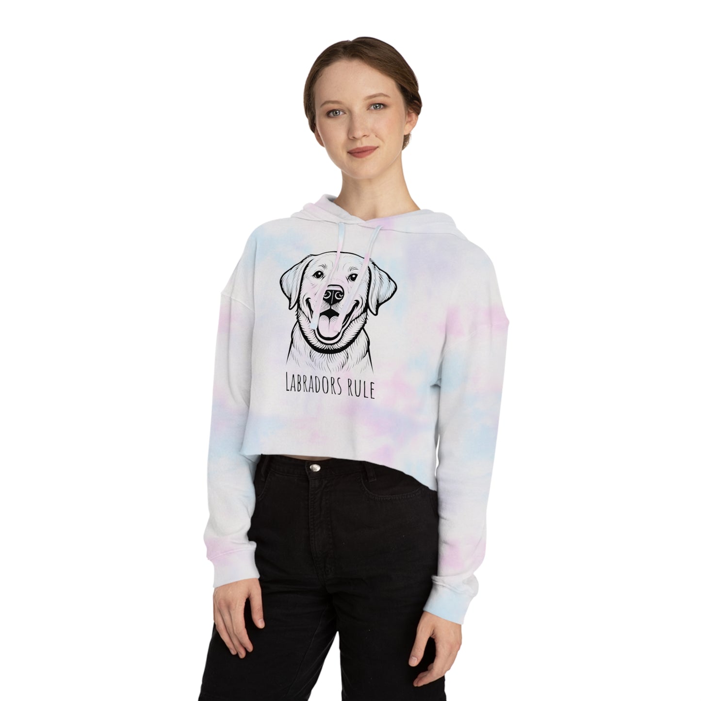 Person wearing a tie-dye hoodie with a Labrador design and 'Labradors Rule' text on a white background