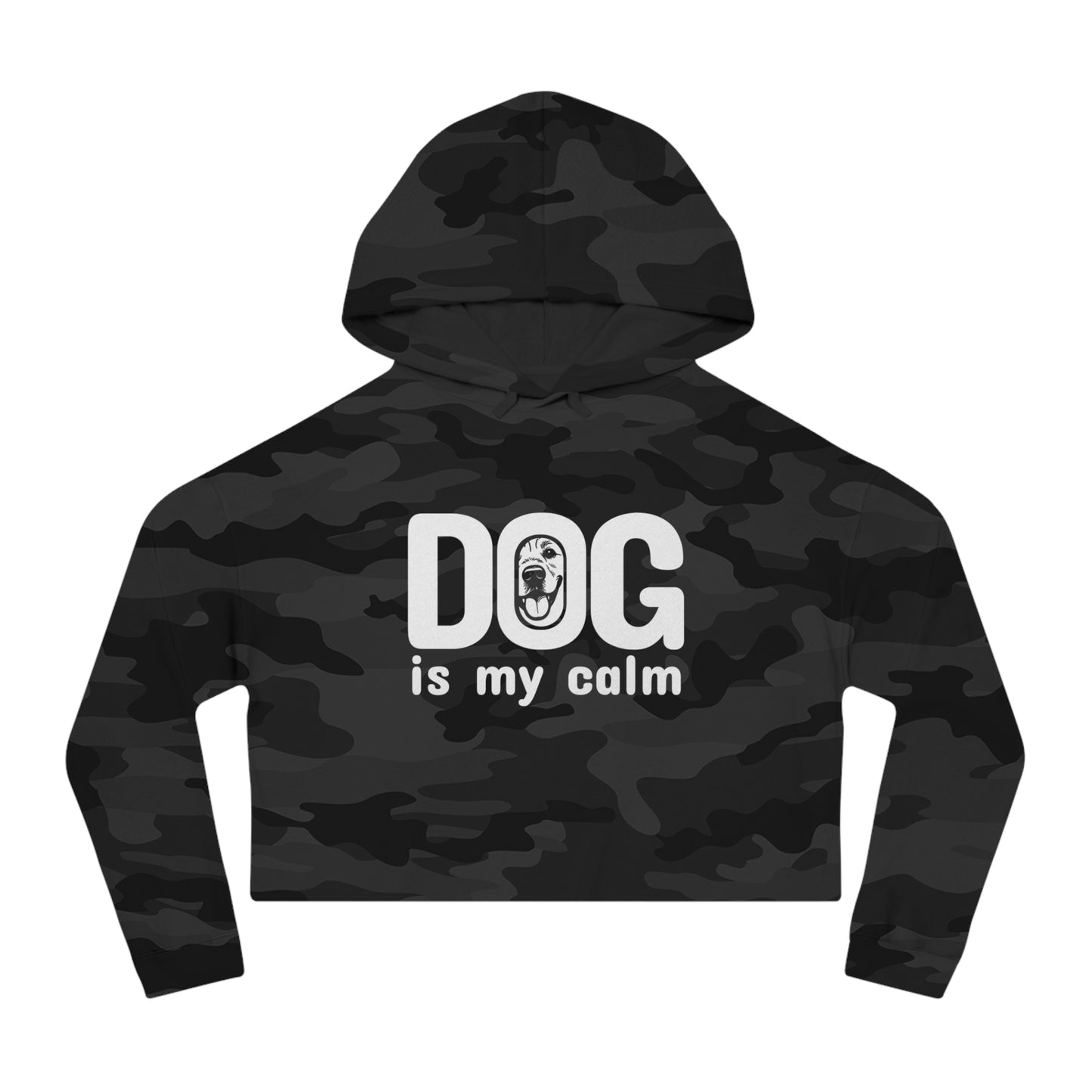 Black camouflage hoodie with 'DOG is my calm' text on a white background