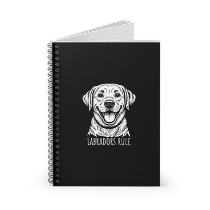 Black notebook with a white labrador illustration and 'Labradors Rule' text on a white background